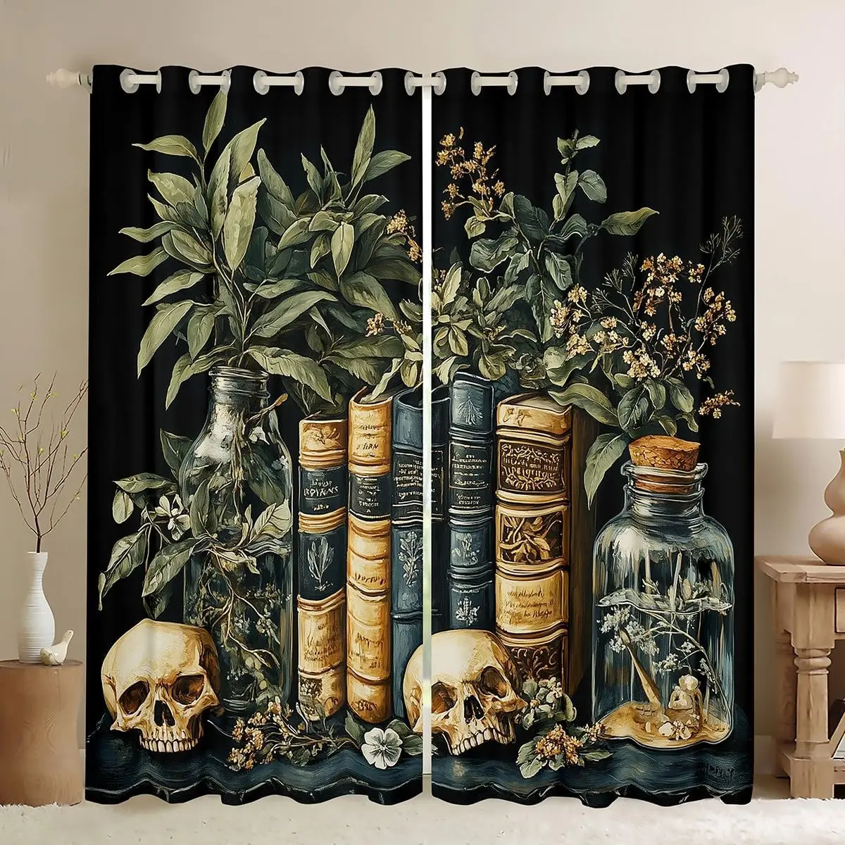 Dark Academia Botanical Skeleton Book Curtains Panels Vintage Apothecary Flora Cottagecore Gothic Print Window Drapes