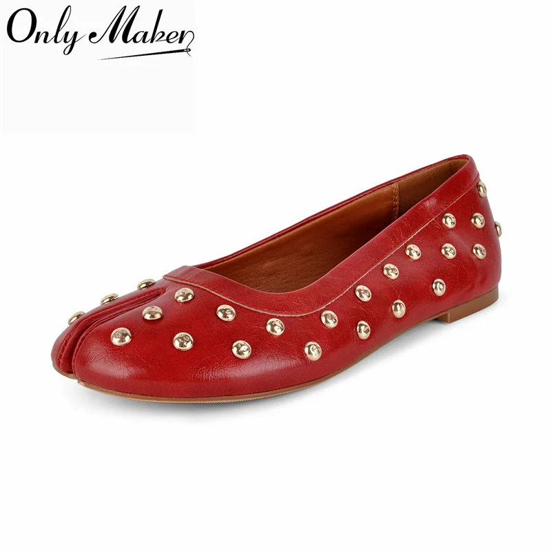 Onlymaker Women Split Toe Red Faux LeatherFlats Metal Studs Decoration Slip-on Lightweight Vintage Casual Ballet Flat Shoes