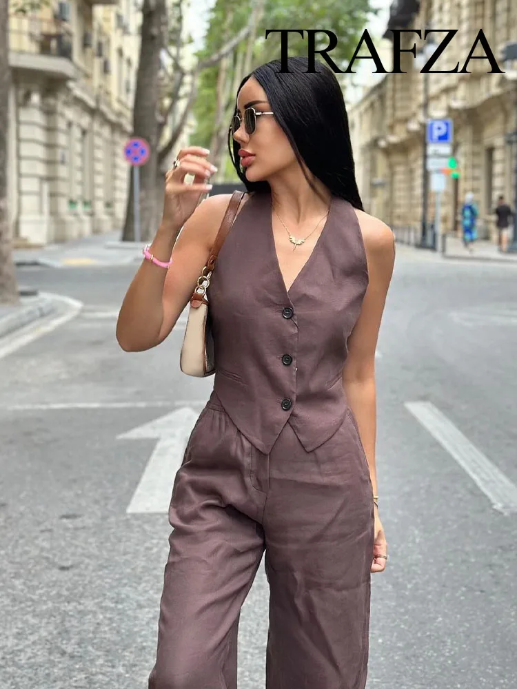 TRAFZA 2024 Summer Women Fashion Trouser Suits Flax Backless Halter Neck Camis Top + Chic Elegant Female Wide Leg Long Pant