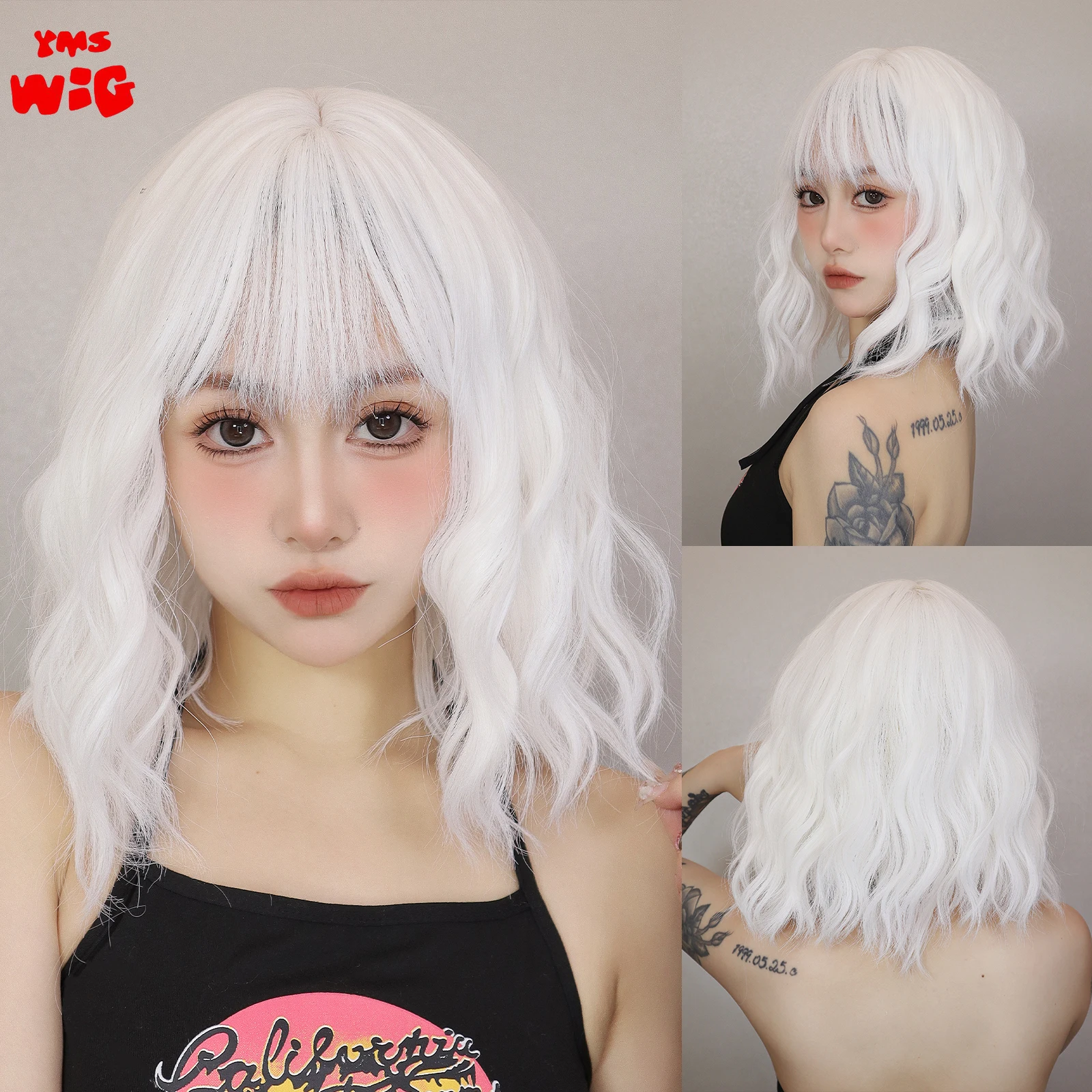 Wig sintetis Bob pendek putih, Cosplay berwarna-warni Wig gelombang alami dengan poni rambut Lolita pesta untuk anak perempuan serat tahan panas