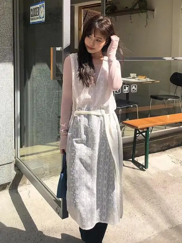 Colete de flor bordado de renda Dr feminino cintura solta cinched fenda lateral Agel saia midi em camadas de algodão na moda Svel...