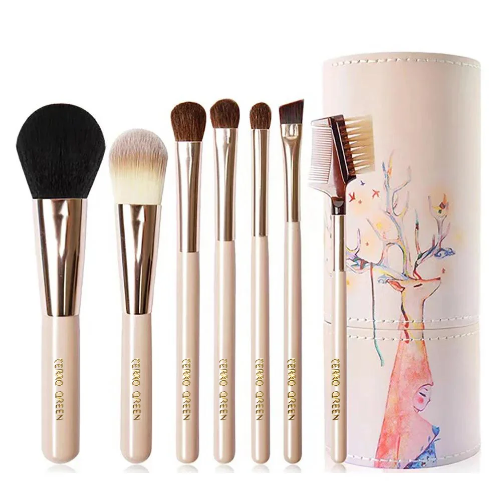 ชุดแปรงแต่งหน้าอเนกประสงค์ 7 ชิ้น ชุดแปรงแต่งหน้าไฟเบอร์สำหรับผู้หญิง พร้อมถังเก็บแปรงแต่งหน้า