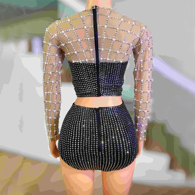 Glanzende Pole Dance Outfit Sexy Strass Top Shorts Vrouwen Party Gogo Dance Kostuum Bar Nachtclub Ds Dj Rave Kleding XS7425