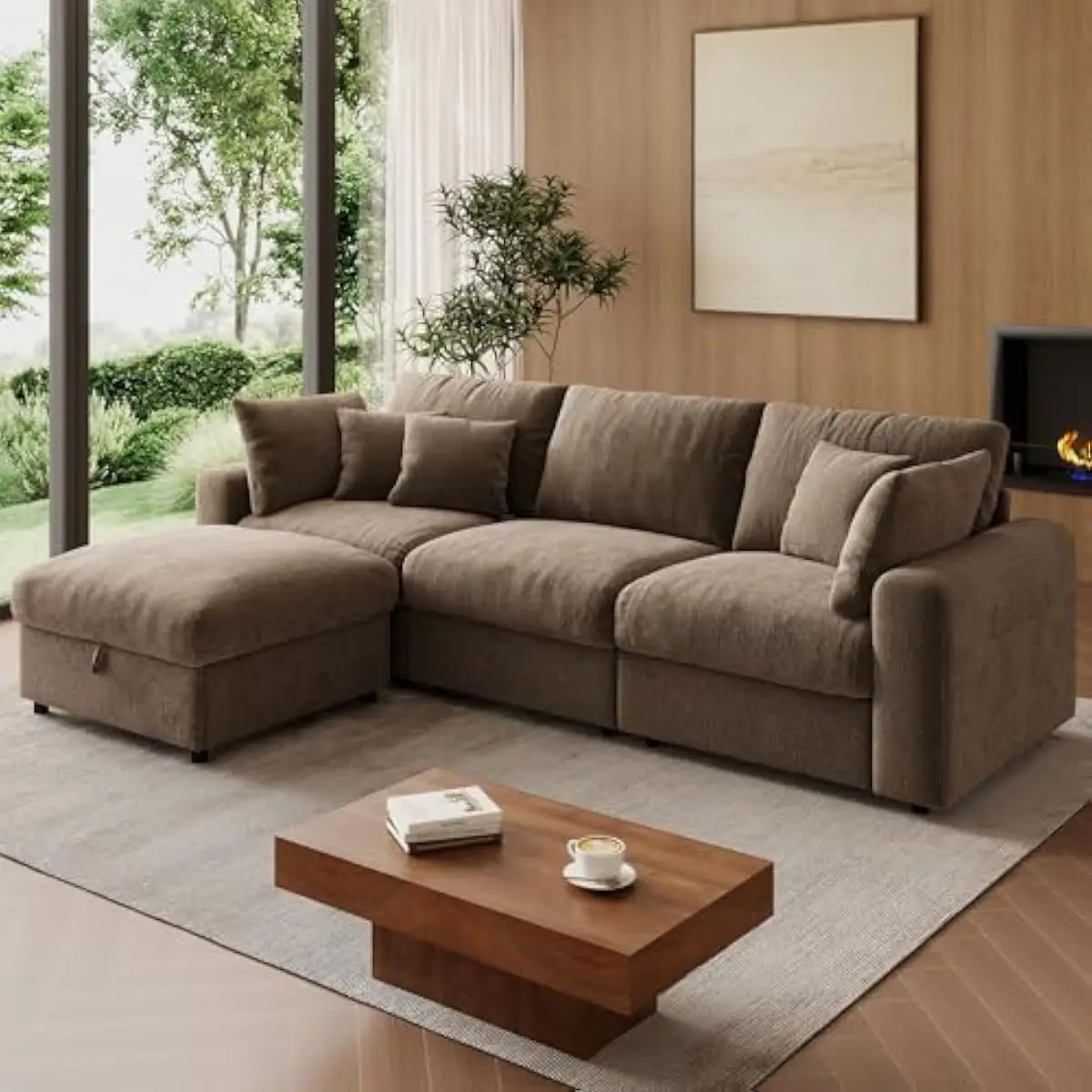 110-inch modular L-shaped chenille sectional sofa with deep cloud-like cushions, removable fabric cover, hidden ottoman storage,