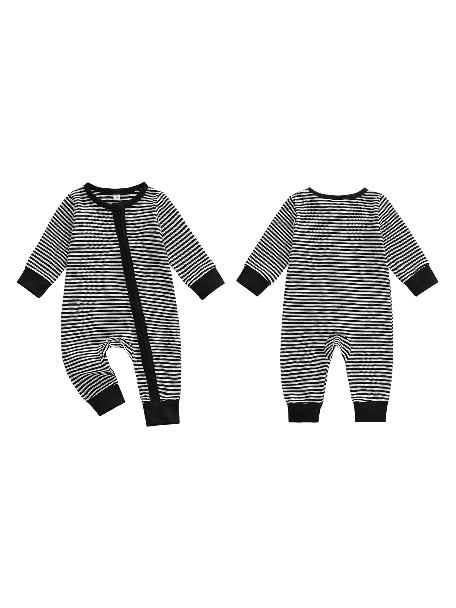 Romper Bayi Laki-laki Bergaris Lengan Panjang dengan Ritsleting, Kerah Bulat, dan Jumpsuit Panjang untuk Bayi Laki-laki