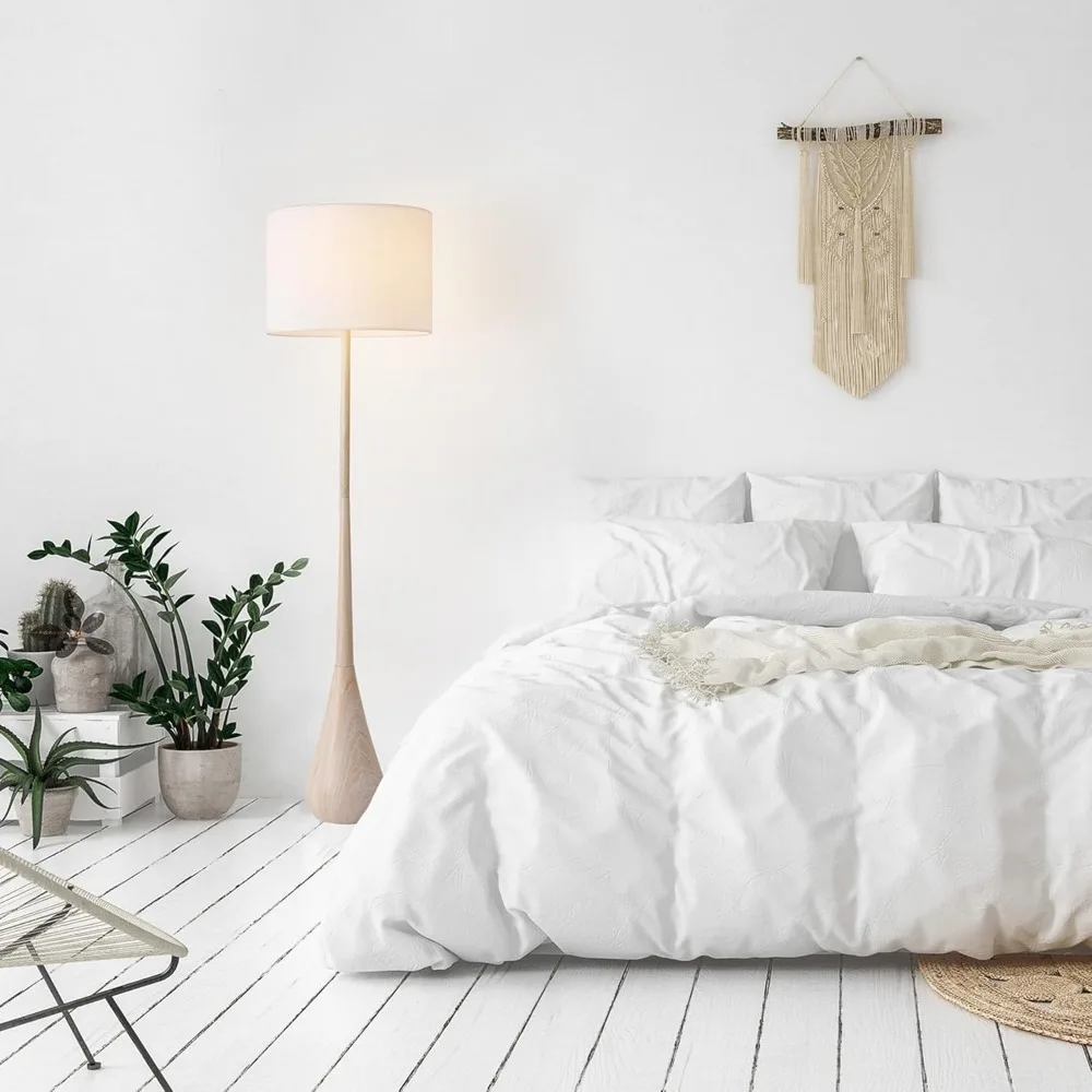 Lampada da terra Globe Electric 52112 65 con finitura in finto legno, paralume in cotone bianco, stile Japandi, base E26, adatta per letto moderno