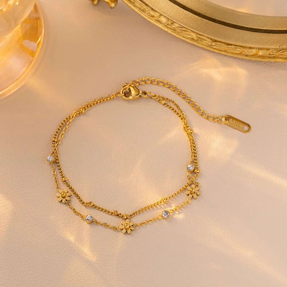 316L Stainless Steel New Fashion Fine Jewelry 2 Layer Embed Zircon Daisy Flowers Charm Chain Bracelets Bangles For Women