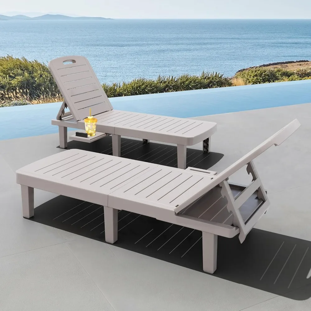 

Outdoor Chaise Lounge Set of 2, Pool Lounge Chairs w/5 Adjustable Positions & Side Tray, Waterproof Resin Lounges for Poolside,