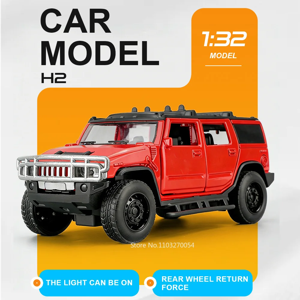 

1:32 H2 Diecast Model Toys Alloy Car 6 Doors Opened with Sound Light Pull Back Miniature Vehcies Gift for Model Toy Enthusiasts