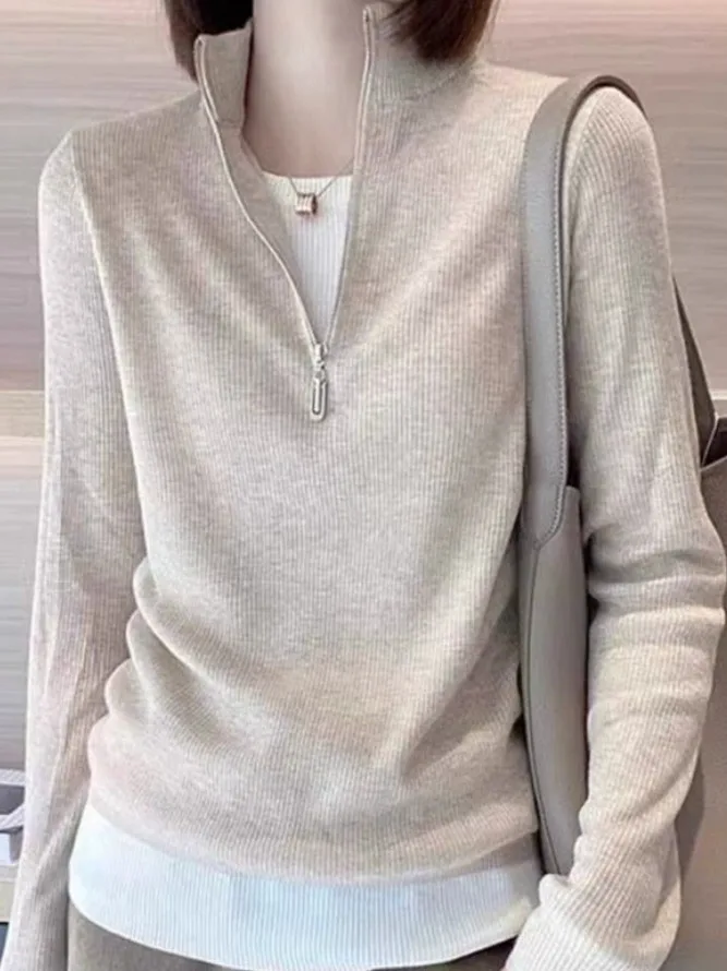 قميص نسائي كاجوال من الكشمير المحبوك بسحاب نصفي وأكمام طويلة، نمط عصري، مزيج صوف ناعم، مقاس منتظم، قطعة علوية أنيقة #5