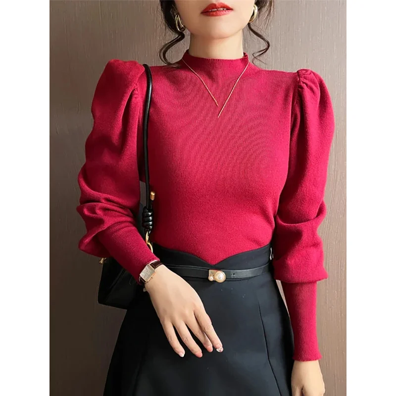 

Autumn Winter sweater turtleneck slim fit basic pullovers fashion Korean knit tops puff sleeve womens sweater stretch jumpers