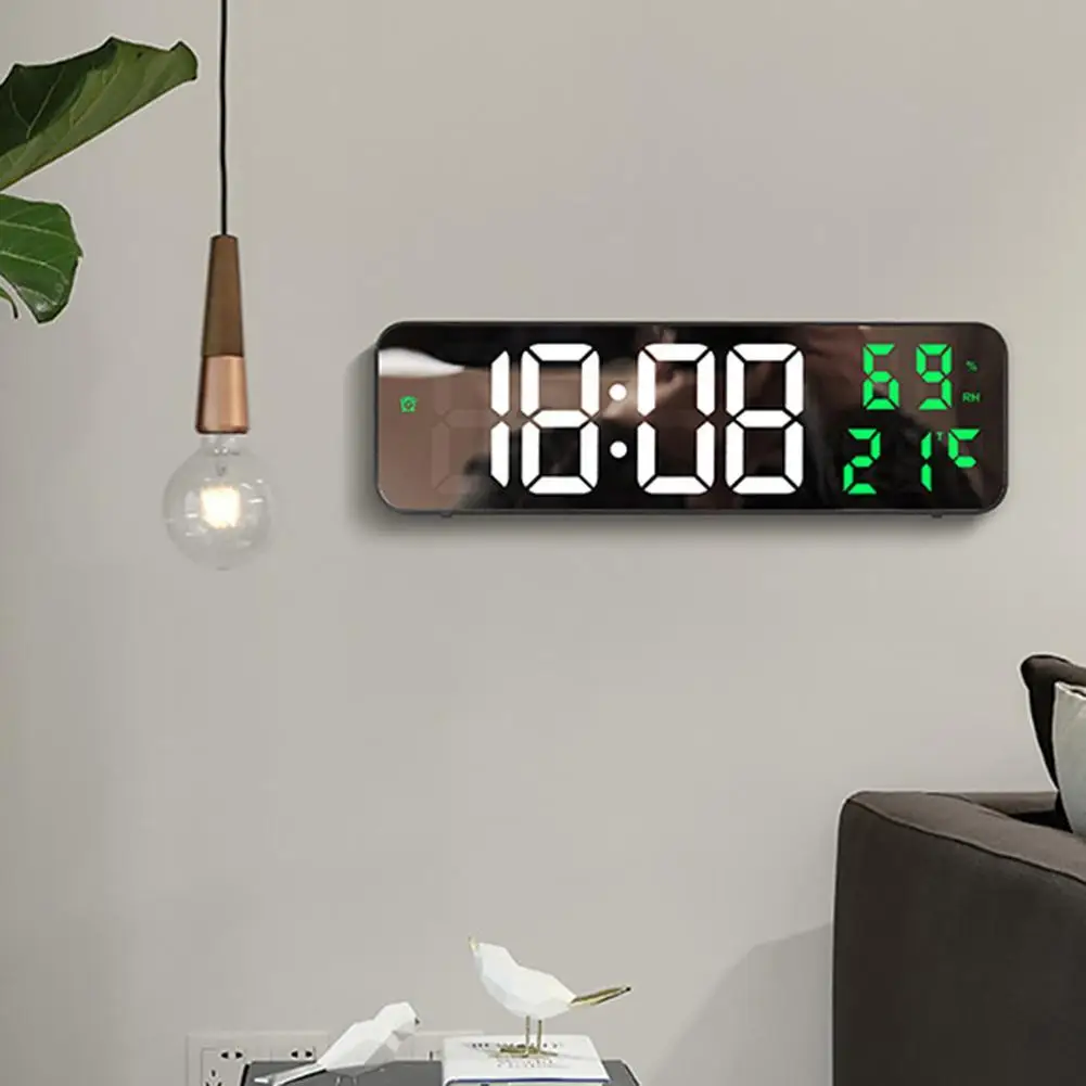 Large Mirror Screen LED Digital Wall Clock Time Temperature Humidity Display Electronic Alarm Clock Night Mode 12/24H Clocks