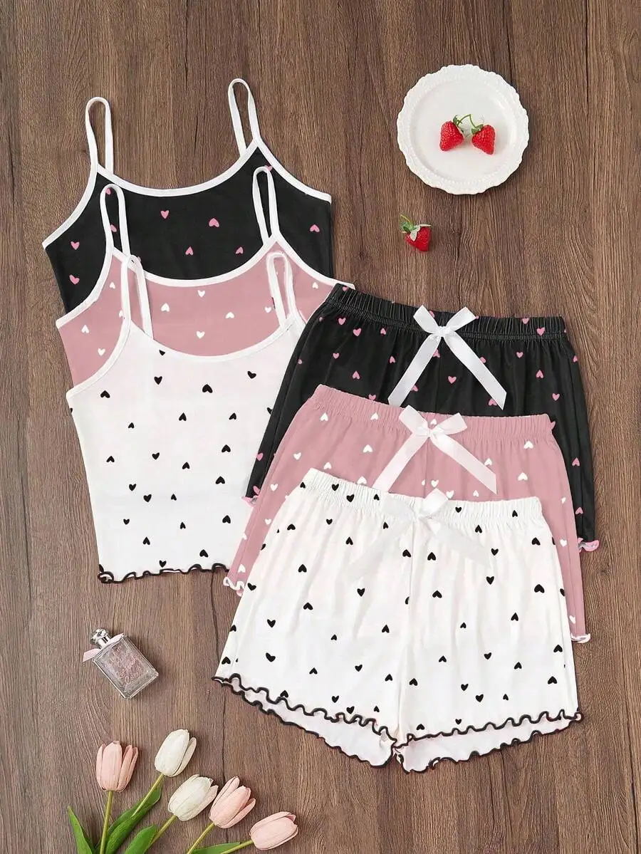 

3-Piece Heart Print Camisole & Shorts Pajama Set for Women - Soft Cotton Sleepwear