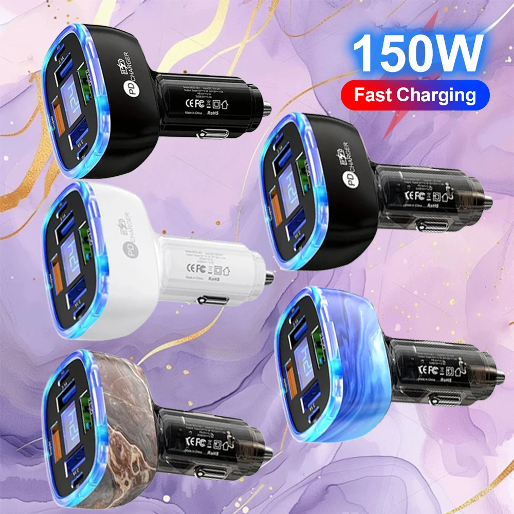 6 Ports 6 in 1 Multi port PD Fast Charge USB Car Charger 12v 24v Cigarette Lighter Adapter compatible with Iphone Android Phone