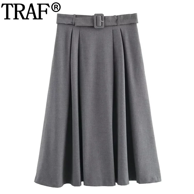 

TRAF Grey Long Skirts For Women High Waist Belt Midi Skirt Cape Autumn Winter Office Skirt Loose Chic And Elegant Woman Skirt