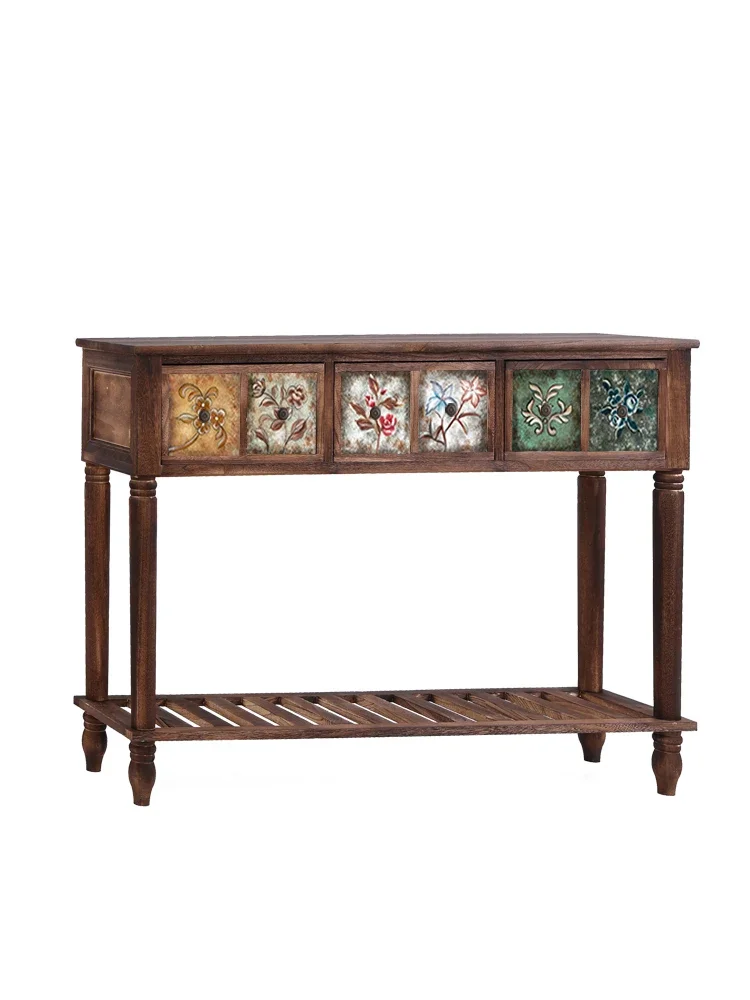 

American Solid Wood Console Table Home Corridor Entry Hallway Table Retro Pattern Living Room Furniture Entrance Console Cabinet