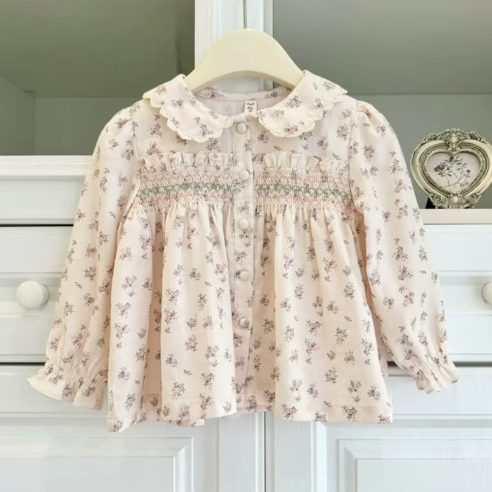 spring baby girl clothes kids dress cotton baby tops hand embroidery Pink retro floral print long sleeved dress