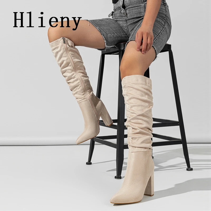 Hlieny Fashion Black Red Women Knee High Boots Sexy Pointed Toe Square High Heels Ladies Long Zipper Female Shoes Size 35-42