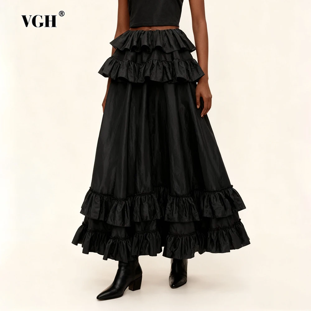 

VGH Design Sense Solid Ruffle Slimming Skirts For Women High Waist Spliced Zipper Spring Temperament Long Skirt Female Fashion