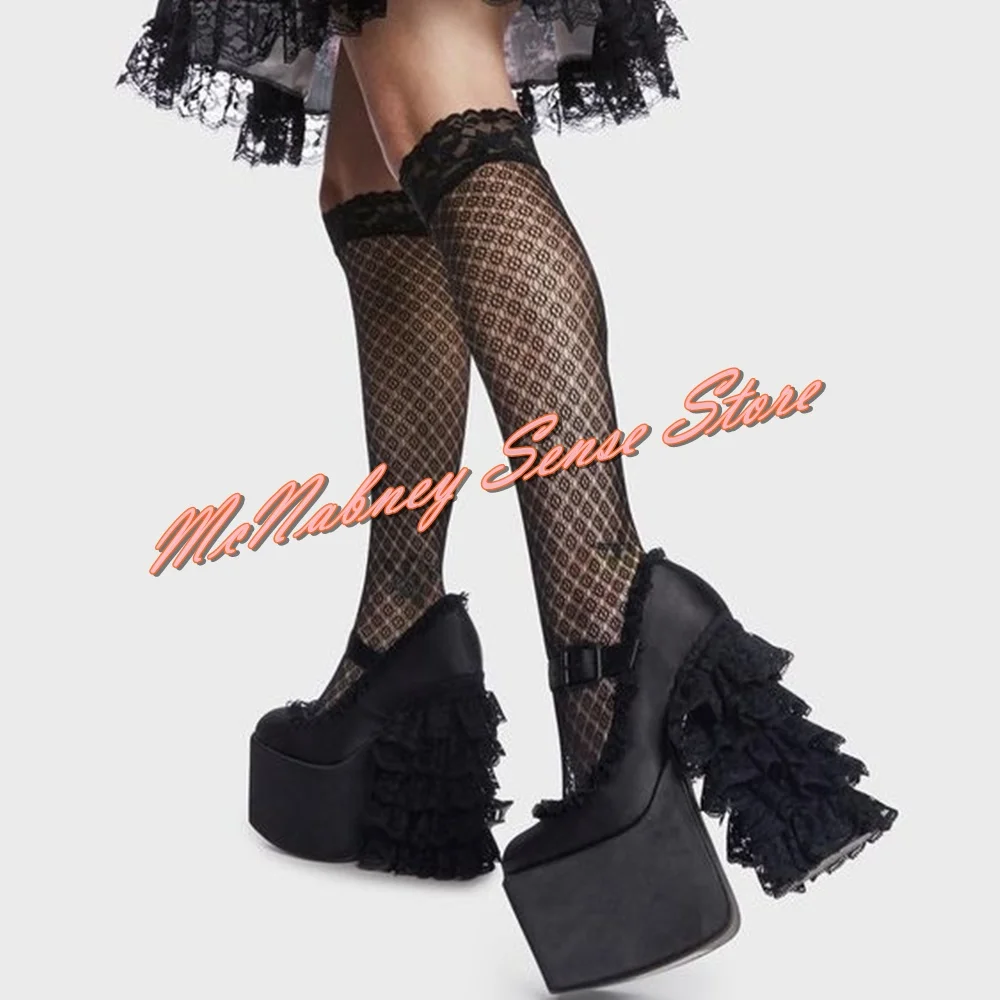 

Lace Mesh Thick Heels Pumps High Platform Solid Buckles Straps Women Pumps Sexy Style Round Toe Spring Summer Party Design Shoes