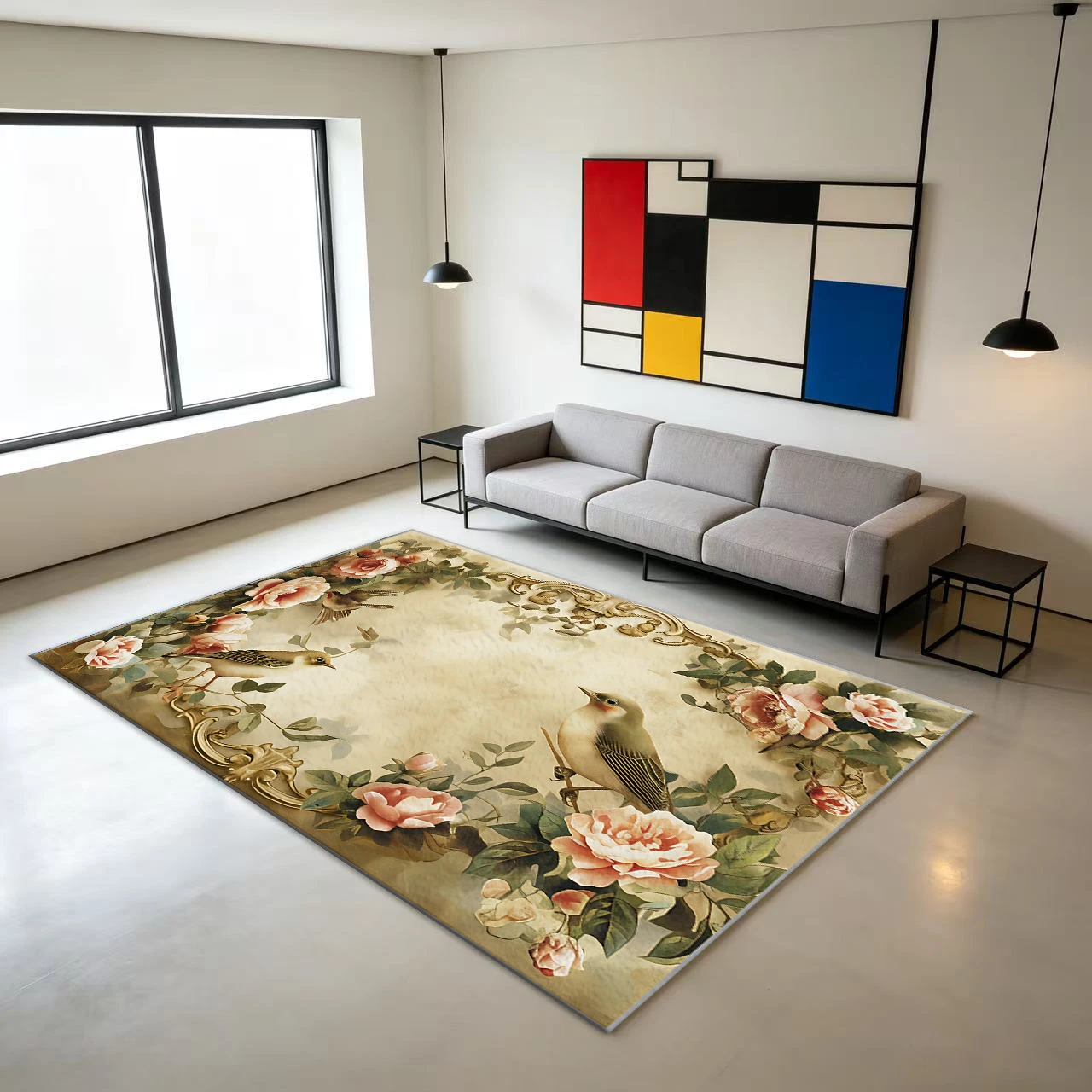 Vintage Rose Floral Bird Pattern Carpet Antique Ornate Frame Style Home Interior Decoration Rug