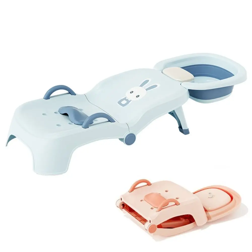 Adjustable Children's Shampoo Chair with Shampoo Basin Foldable Bath Seat Bathtub Comfort Rabbit Pattern Salon Seat Chair