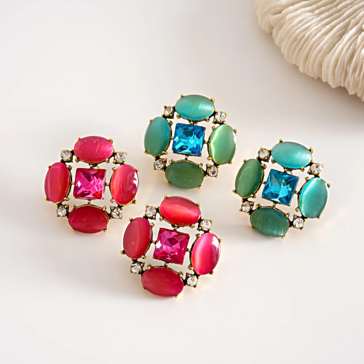Vintage Blue Opal Stud Earrings for Women Palace Style Square Rhinestones Nail Earrings Fashion Jewelry Banquet Wedding