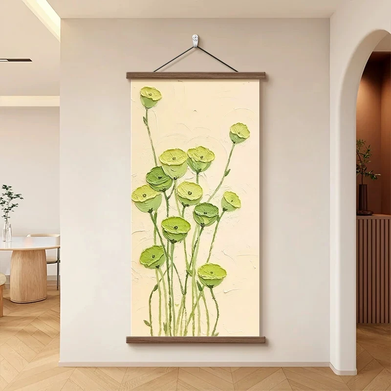 Wall Art Green Lotus Pods and Broad Leaves Cream Style Pearlescent Canvas Hanging Scroll with Wooden Rods for Entryway