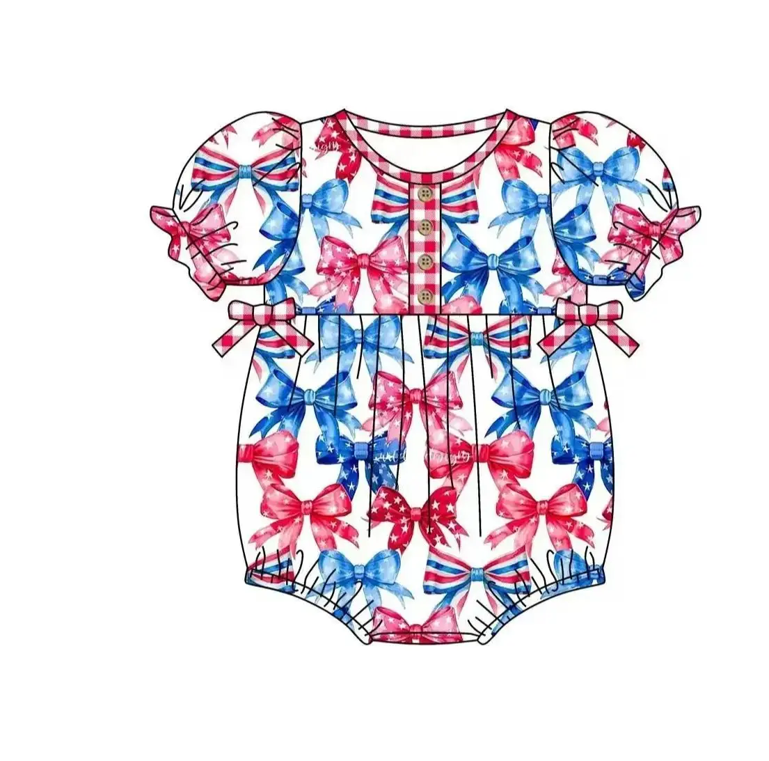 July 4th Boutique Girls Pearl Lace Flag Bow Print Shorts Set Square Neck Bow Elastic Kid Romper - Baby Outfit Collection