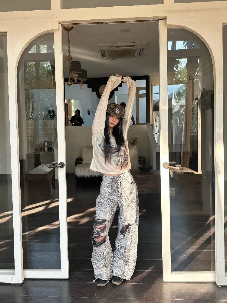Women's Leopard Print Ripped Casual Pants Summer Wide Leg Distressed Trousers Female High Waisted Fashionable Sweatpants