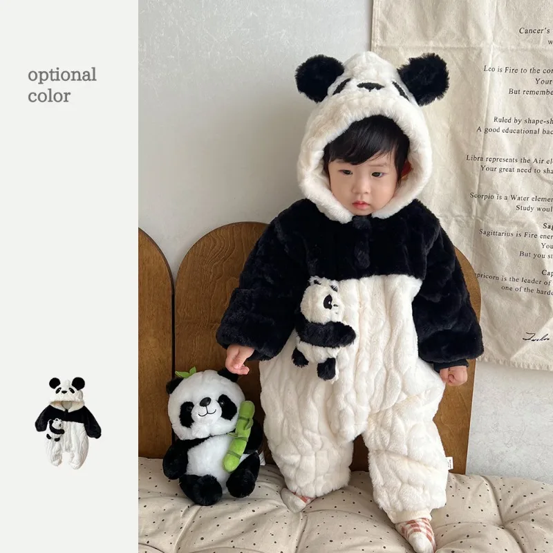 New Baby Onesie for Autumn and Winter with Velvet Red Panda Plush Hooded Climbing Suit Is Comfortable and Warm