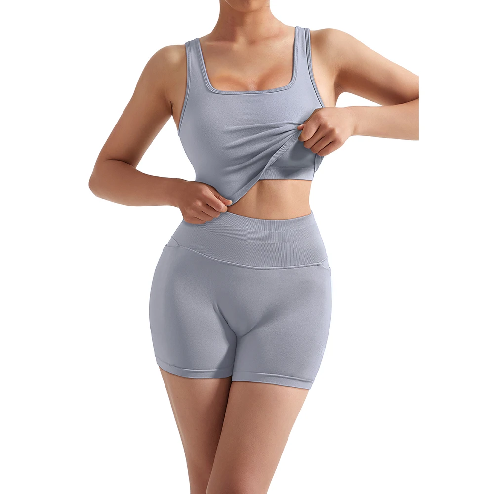 2 Piece Yoga Suit for Women Seamless Fitness Gym Clothes Halter Sports Bra Matching Impact Yoga Shorts Workout Outfit Gym Set