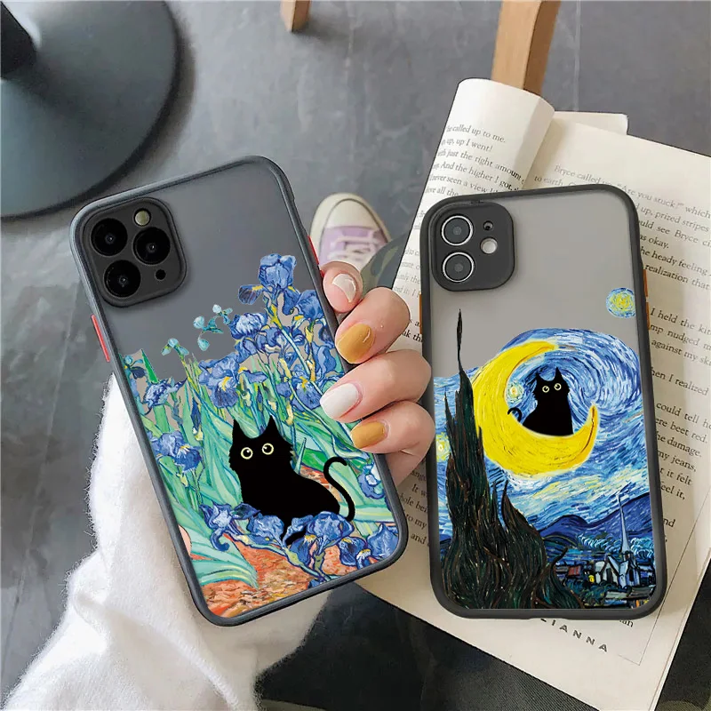 Etui na telefon z obrazem olejnym Van-Gogh Cat do iPhone\'a 16 15 14 Pro Max Plus 11 12 13 Pro Max XR X XS 8 7 Plus SE 2020 Hard Matte Cover