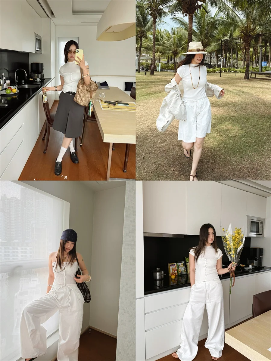 MOEROP DIY Mehrfarbig Gestrickte ort Sve Brautjungfer Top Und Bot Set Frühling Sommer Neue Sle Stand Fit Damen T-shirt