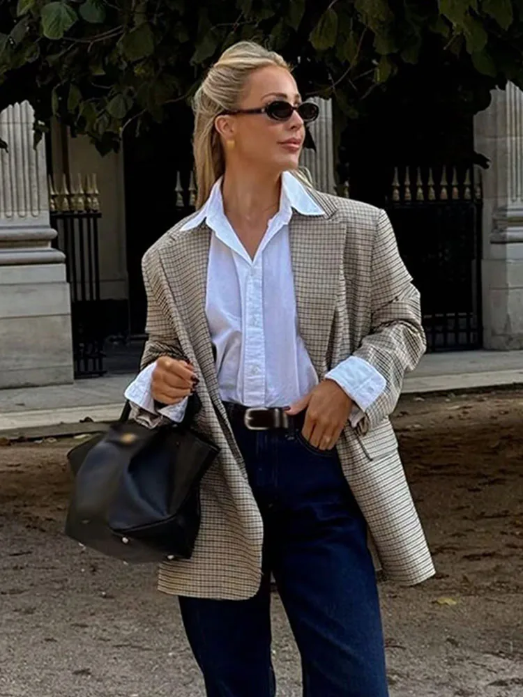 

Женские весенние модные куртки-пиджаки в клетку с отложным воротником, длинными рукавами, карманами, на одной пуговице, в стиле High Street