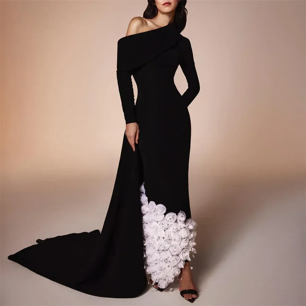 

Customized Fashion Arab Dubai Off Shoulder Long Sleeves Prom Dress Ankle-Length Flower Pleat Formal Party Gowns for Special Ocn