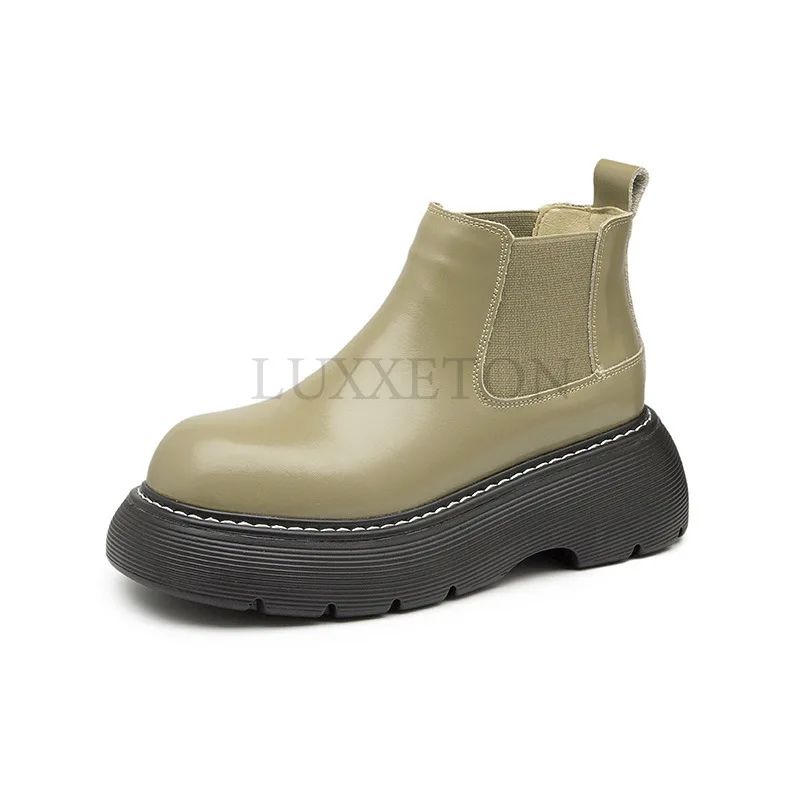 Women Leather Thick Soled Short Boots with Comfortable and Breathable Lining Plush Insulation and Fashionable Chelsea Boots