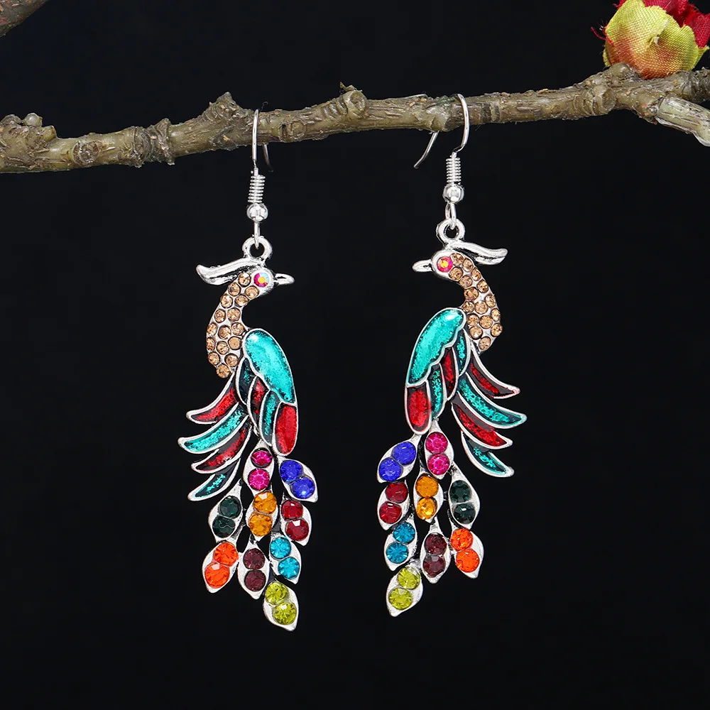 Blue Drop Oil Rhinestone Peacock Earrings for Women Ethnic Vintage Long Silver Color Geometric Animal Earrings Boho Jewelry Gift