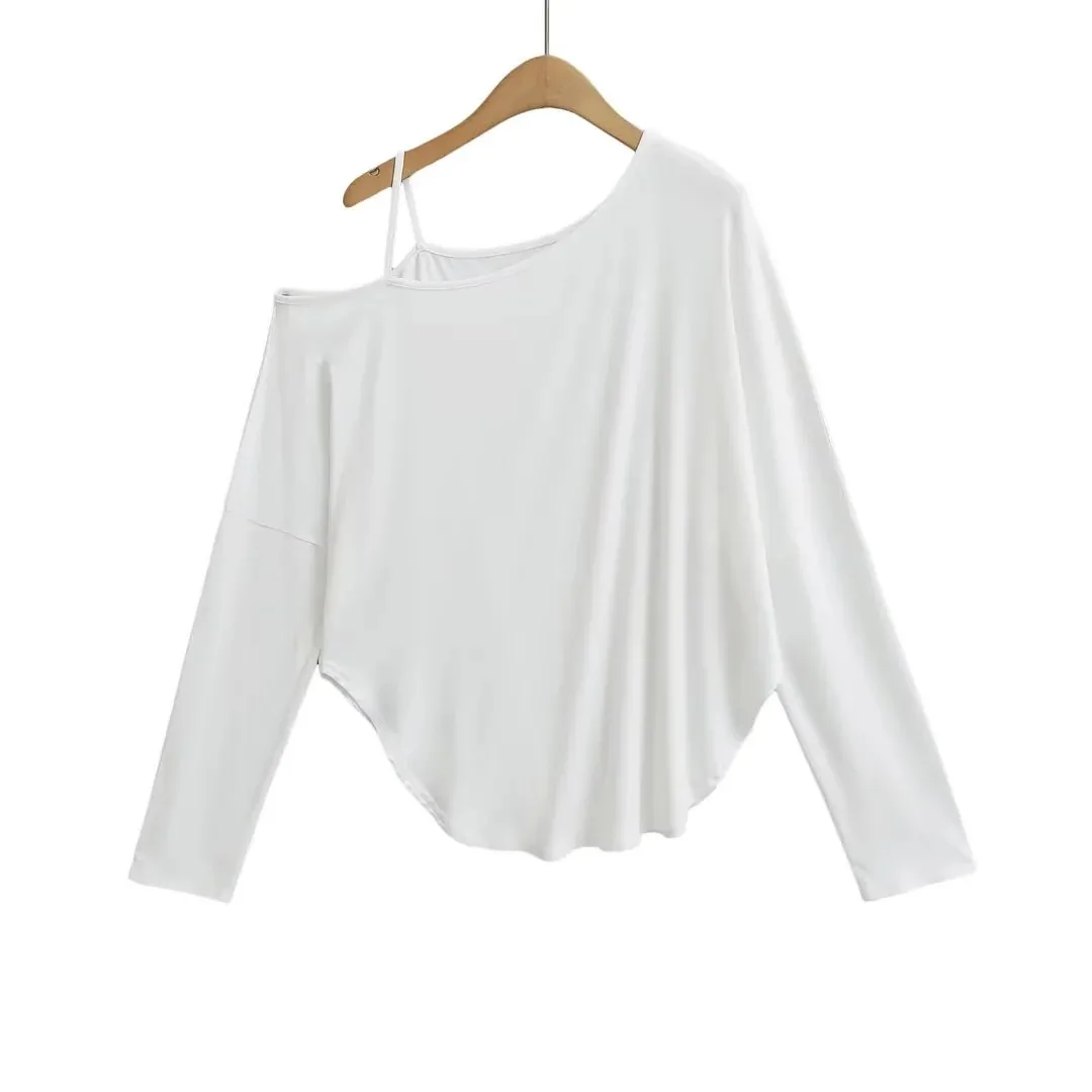 Sexy and Sweet Off-Shoulder Long-Sleeve Top with Straps 2025 Autumn New Irregular Arc-Shaped Sun-Protective T-Shirt   O55Q