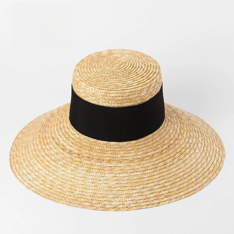 retro-straw-hat-large-brim-flat-top-beach-vacation-sun-protection-outdoor-travel-caiyoo-elegant-women's-hat-summer-spring