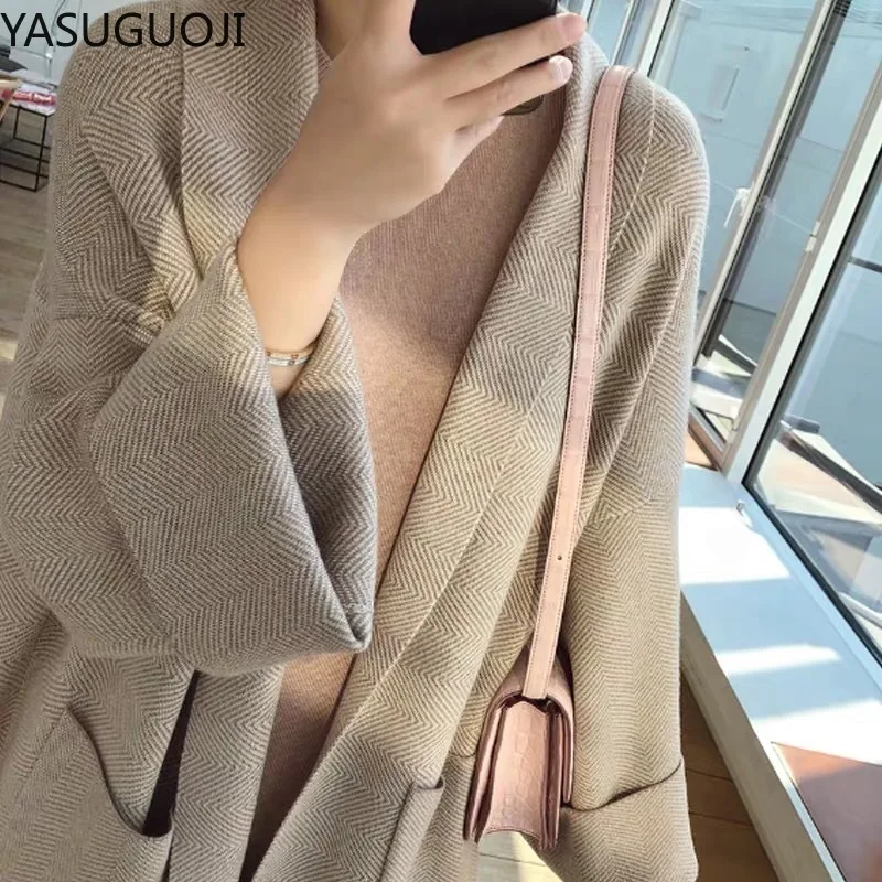 England Style Fashion Khaki Loose Open Stitch Long Cardigan Women 2023 Autumn Female Pockets Striped Knitted Sweater Coat Women