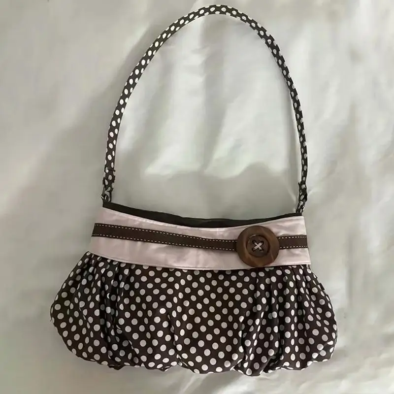 Retro Polka Dot Underarm Bag Cute Pleated Cloud Bag Wooden Button-decor Handbag Casual And Versatile Commuter Shoulder Bag