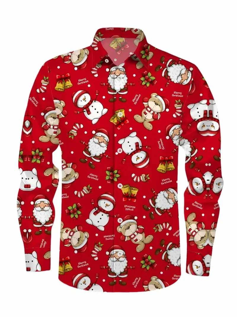 

2026 Christmas Men's White Red Gold Christmas Tree 3D Printed Shirt Holiday Party Festive Pattern Long Sleeve Outdoor Shirt Gift