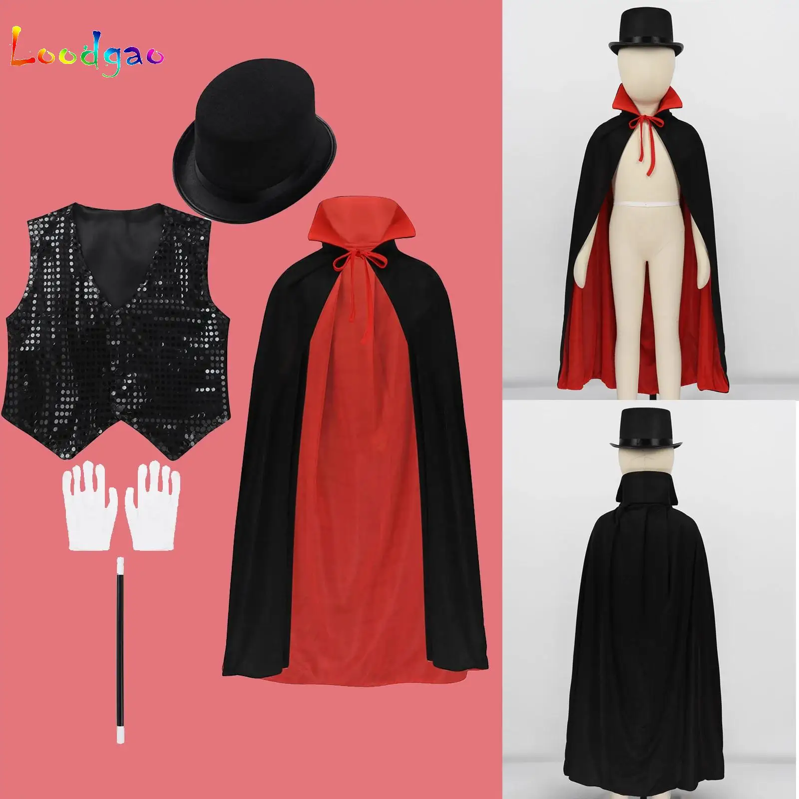 

Kids 5Pcs Magician Cosplay Costume Suit Role Play Props Outfit Waistcoat Cape Hat Magic Wand Gloves Set for Choir Jazz Dancewear