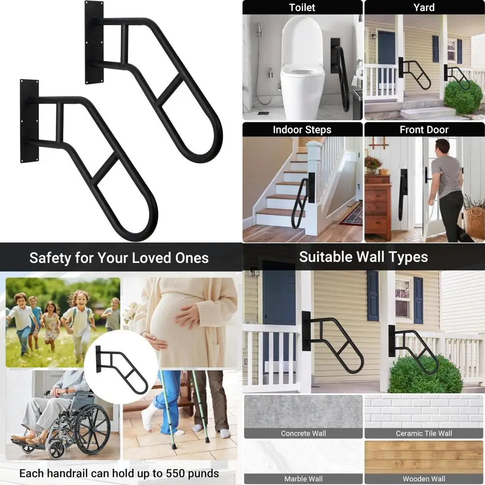 درابزين الدرج الخارجي لكبار السن والخطوات، درابزين مثبت على الحائط على شكل حرف U، مثالي للشرفات والطوابق والكراجات والحدائق، عبوتان #1