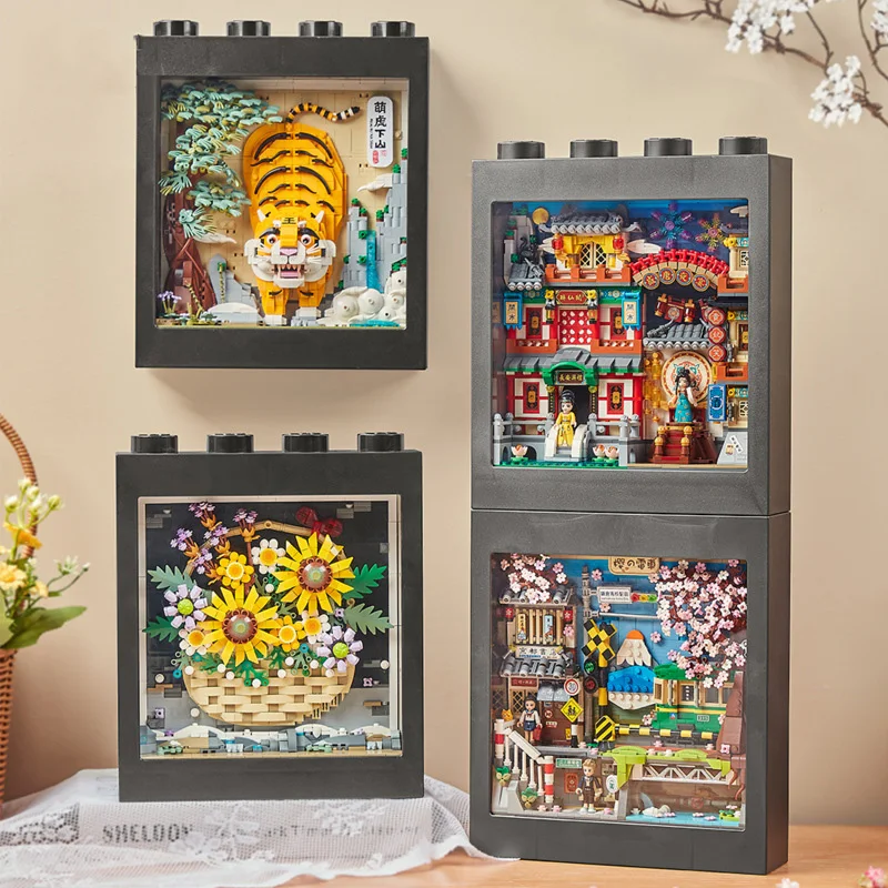 Idea Building Brick Flower Tiger Mini Block Sunflower China Tang Dynasty Feast Japan Kamakura Train Figures 3D Photo Frame Toys