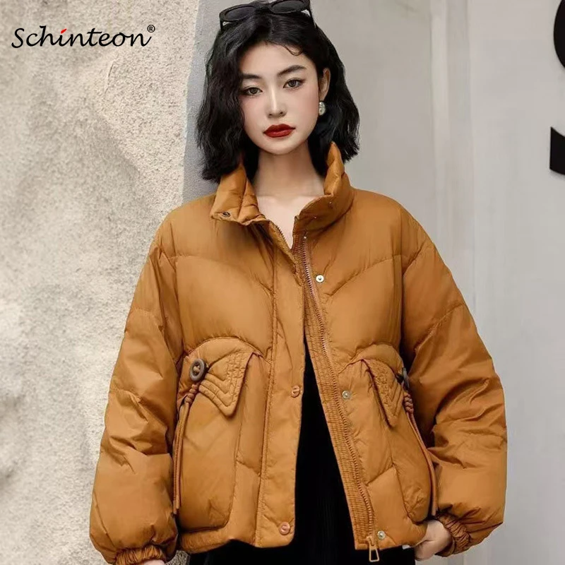 

Schinteon женская белая куртка на утином пуху, повседневное свободное пальто с воротником-стойкой, осенне-зимняя теплая верхняя одежда, новинка 2023 года