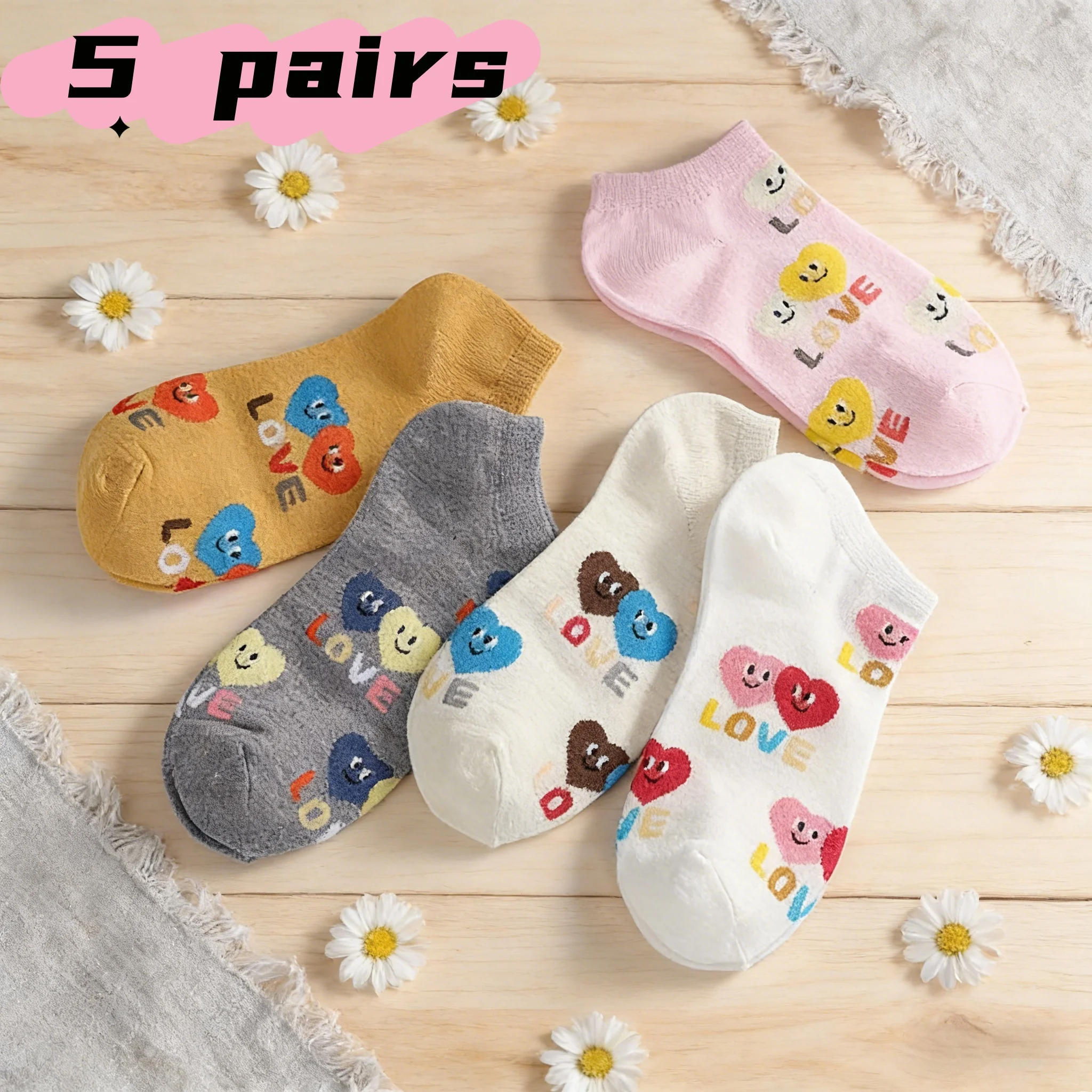 5 pairs Cute Love Heart & Smiley Face Invisible Socks for Women