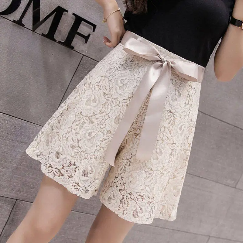 

Vintage Minimalist Black Beige Lace Wide-leg Shorts High Waist Ribbon Satin Bow Tie Shorts For Women Elegant Casual Office Wear
