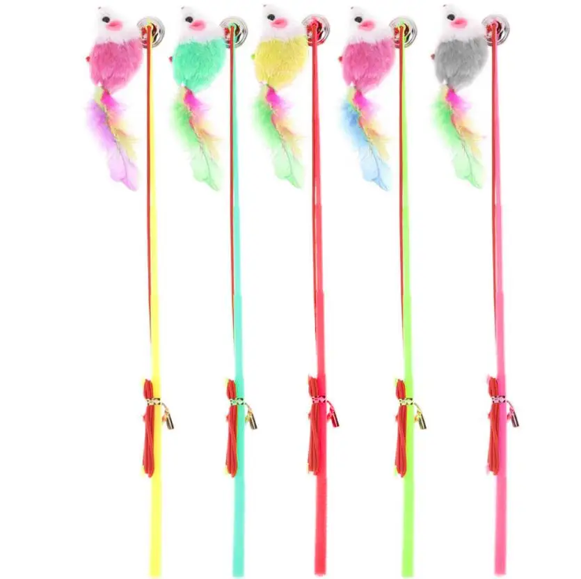 

100pcs Pets Play Fly Over Teaser Wand Interactive Cat Toy Feather Bell Furry Mouse Stick for All Breed Sizes